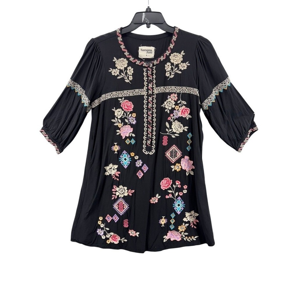 Savanna Jane Dress M Embroidered Black Boho Floral Mini Tunic Festivalā Cottage